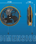 Dimensions of Heavy Duty 18 Inch High Velocity Wall Mounted Shroud Fan Weatherproof IPX4 with three speed pull chain.