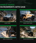Four off-road vehicles driving on various terrains: muddy, gravel bumpy, snow-covered, and rough mountain roads.