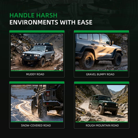 Four off-road vehicles driving on various terrains: muddy, gravel bumpy, snow-covered, and rough mountain roads.