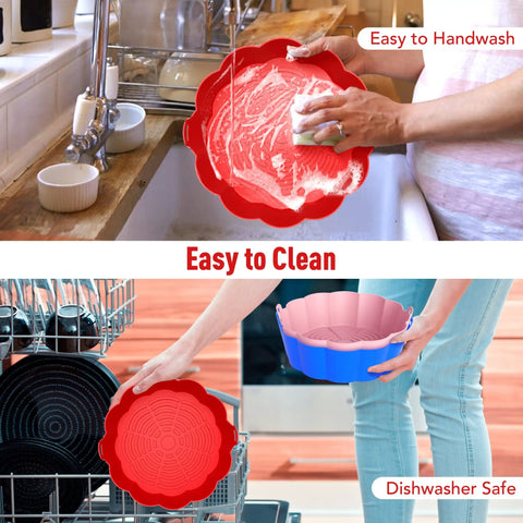 3-Pack Reusable Silicone Air Fryer Liners, 8.5 Inch Fits 3.5 To 8.5 Qt Baskets, Food Grade BPA Free, shown being handwashed and in dishwasher