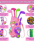 Toddler Golf Set With Putting Mat For Ages 3 To 5 4 Clubs 8 Balls 2 Practice Holes Indoor Outdoor Play Kid Friendly Portable Carry Strap And Storage Bag 20 Piece showing pink golf cart with clubs and balls