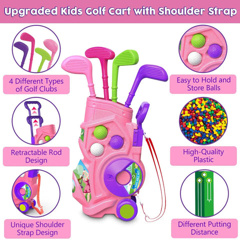 Toddler Golf Set With Putting Mat For Ages 3 To 5 4 Clubs 8 Balls 2 Practice Holes Indoor Outdoor Play Kid Friendly Portable Carry Strap And Storage Bag 20 Piece showing pink golf cart with clubs and balls