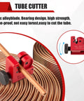 Red tube cutter clamped to copper tube with a coil of copper tubing in the background