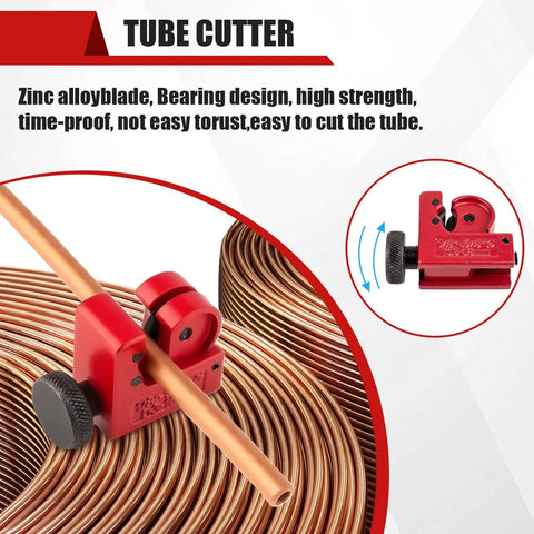 Red tube cutter clamped to copper tube with a coil of copper tubing in the background