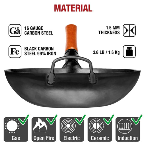 13.5 Inch Carbon Steel Wok Pan Pre Seasoned Flat Bottom Wok For Stir Fry Grilling BBQ Camping No Fuss Outdoor Cooking