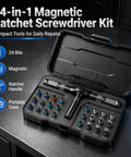 Heavy Duty 24 Piece Magnetic Ratchet Screwdriver Kit With S2 Steel Bits And Durable Aluminum Grip For No Sweat DIY Repairs And Quick Gear Adjustments On The Go, open case with 24 steel bits.