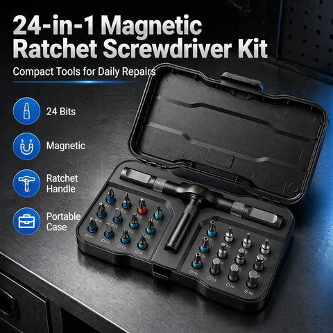 Heavy Duty 24 Piece Magnetic Ratchet Screwdriver Kit With S2 Steel Bits And Durable Aluminum Grip For No Sweat DIY Repairs And Quick Gear Adjustments On The Go, open case with 24 steel bits.