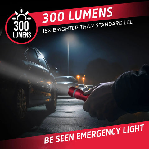 Person holding R-300 LED Emergency Flashlight with 300 lumens beam during night near parked cars