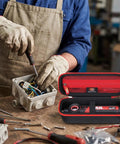 Rock Solid Eva Hard Shell Carry Case For 4v Pivoting Head Screwdriver on a workbench storing tools and screws.