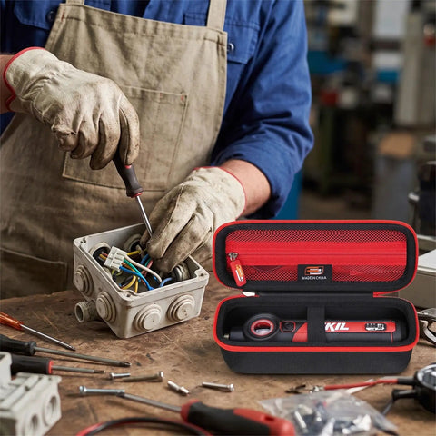 Rock Solid Eva Hard Shell Carry Case For 4v Pivoting Head Screwdriver on a workbench storing tools and screws.