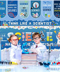 Science Classroom Decor Duo With Scientist Posters Banner Set For Bulletin Boards And Wall Displays in classroom setting with kids.