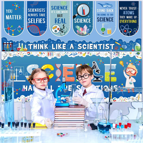 Science Classroom Decor Duo With Scientist Posters Banner Set For Bulletin Boards And Wall Displays in classroom setting with kids.