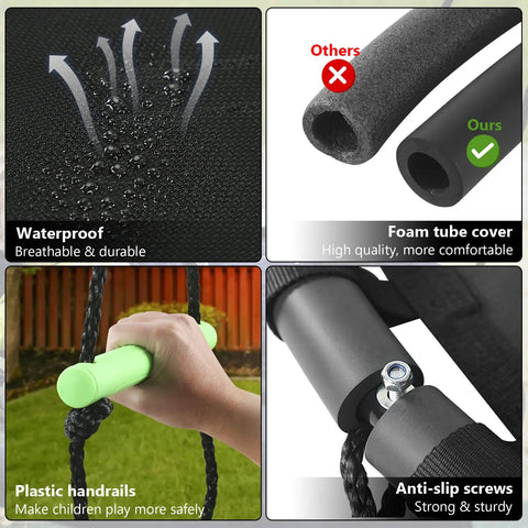 Close-up features of Black Outdoor Saucer Swing With PP Mat For Yard Garden And Park including waterproof mat, foam cover, plastic handrails, and anti-slip screws.