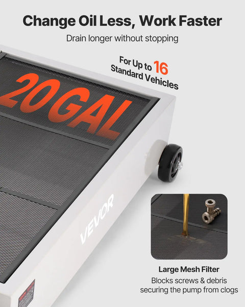 Heavy Duty Electric Oil Drain Pan With 20 Gal Capacity And 110V High Flow Pump, showing large mesh filter and oil drainage.
