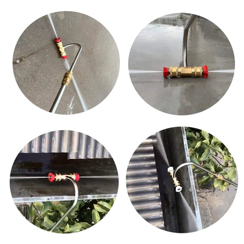 Gutter Cleaner Attachment For Pressure Washer With Four Nozzle Tips And Quick Connect in use, showing zero and forty degree nozzles.