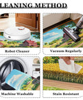 Cleaning methods for Green Pattern Anti Fatigue Kitchen Mat With Plush Faux Cashmere Comfort, showing robot cleaner, vacuuming, and washing