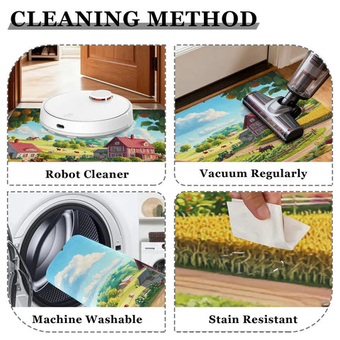 Cleaning methods for Green Pattern Anti Fatigue Kitchen Mat With Plush Faux Cashmere Comfort, showing robot cleaner, vacuuming, and washing