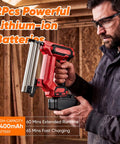 Gutsy Heavy Duty Cordless Nail And Staple Gun, Makita 21V Battery Compatible in use, showcasing powerful lithium-ion batteries.