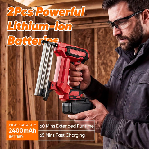 Gutsy Heavy Duty Cordless Nail And Staple Gun, Makita 21V Battery Compatible in use, showcasing powerful lithium-ion batteries.