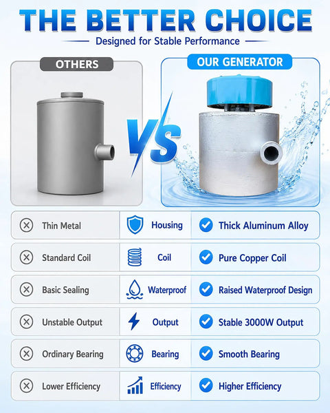 Comparison between generic unit and 3kW Micro Hydroelectric Generator For Home Off Grid Camping Portable 110V 220V Power Unit With Durable Aluminum Alloy Turbine Housing Backup Electricity Solution