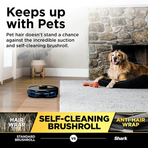 Matrix Plus 2in1 Robovac And Mop With Sonic Mopping Matrix Clean Smart Home Mapping HEPA Bagless Self Empty Base CleanEdge For Pet Hair WiFi Alexa Compatible Black And Gold on floor with dog