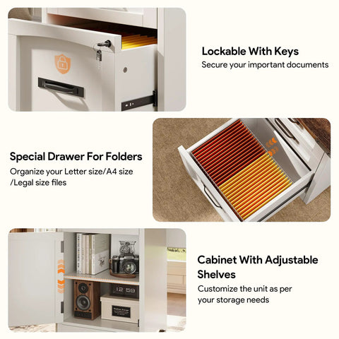 67 Inch Farmhouse L Shaped Standing Desk With Drawers And Fast Charging Station, lockable cabinet and file drawer details