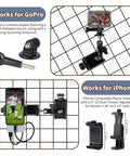 4-In-1 Universal Fence Mount Kit With Tripod Adapter for GoPro and iPhone shown attached to chain link fence, product details visible