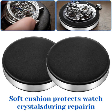 2 Pack Leather Watch Cushion and Round Movement Holder Kit for Watch Repair, non-slip black cushion set.