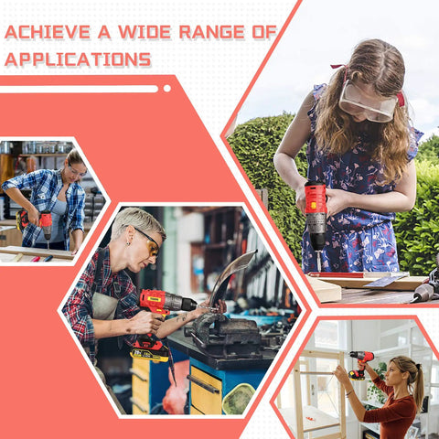 Collage of people using 20V Brushless Cordless Drill Kit with Two Batteries, 530 Inch Lbs Torque, Half Inch All Metal Chuck, for various tasks