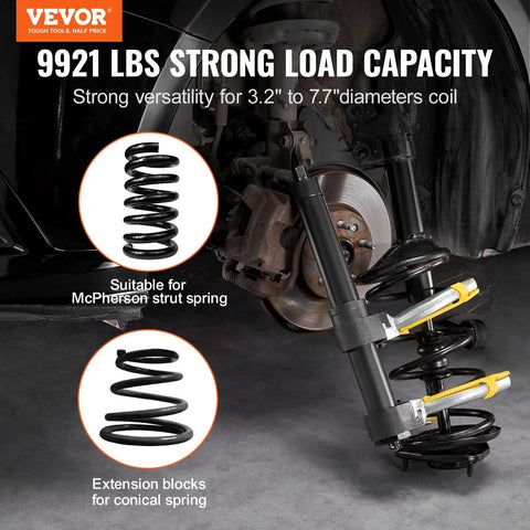 Strut Spring Compressor Kit For MacPherson And Conical Springs with 9921 lb capacity shown in use on a vehicle strut coil