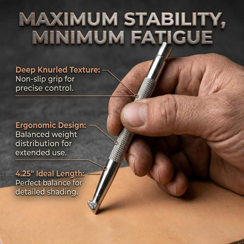 Leather Beveling Tools And Stamp Set With Alloy Steel Precision Heads, ergonomic handle shown in hand for detailed carving.