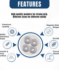 Features of Heavy Duty 225 Piece Stainless Steel Washer Set, 304 Grade, showcasing durable and rust resistant qualities.
