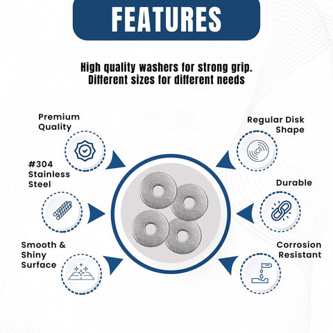 Features of Heavy Duty 225 Piece Stainless Steel Washer Set, 304 Grade, showcasing durable and rust resistant qualities.