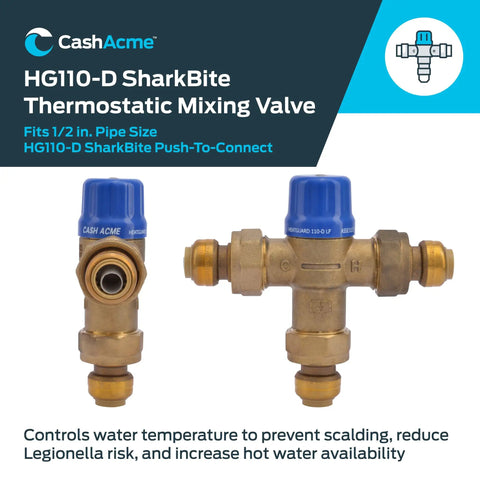 Thermostatic Mixing Valve 1/2 Inch HG110-D With SharkBite Union Connections For Brass Plumbing Fitting, Delivers Tempered Water At A Safe 120 Degrees F, Compact Size Designed For Tight Spaces And Easy Install, 24504