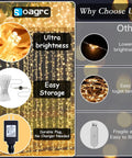 Image featuring 200 LED Curtain String Lights 9.8 By 6.6 Feet Plug In Fairy Lights with timer and 8 modes, highlighting brightness and storage benefits.