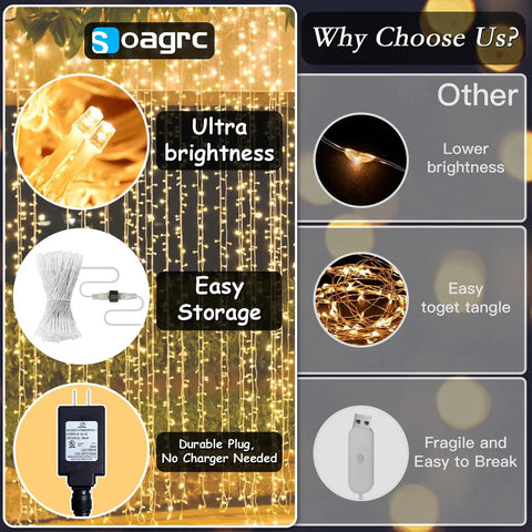 Image featuring 200 LED Curtain String Lights 9.8 By 6.6 Feet Plug In Fairy Lights with timer and 8 modes, highlighting brightness and storage benefits.