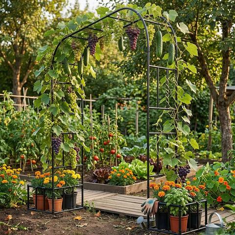 Garden Arch With Planter Boxes, Heavy Duty Iron Arbor Trellis For Climbing Plants, Outdoor Metal Archway For Weddings And Backyard Parties, 8 ft tall black structure in garden with greenery.