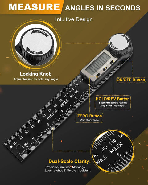 Heavy Duty Digital Protractor And Angle Finder With Bright LCD Screen, showing locking knob and intuitive design details.