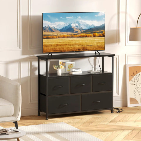 Compact Media Console And Dresser Combo With Five Fabric Storage Drawers Open Shelf For TV Space Saving Entertainment Unit For Bedroom Living Room Or Dorm Black Finish With Easy Setup And Cable Management in living room setting