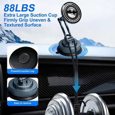 Rock Solid All Metal Alloy Long Arm Magnetic Car Phone Mount With Premium Navy Blue Finish and Heavy Duty Suction Base close-up of extra large suction cup.