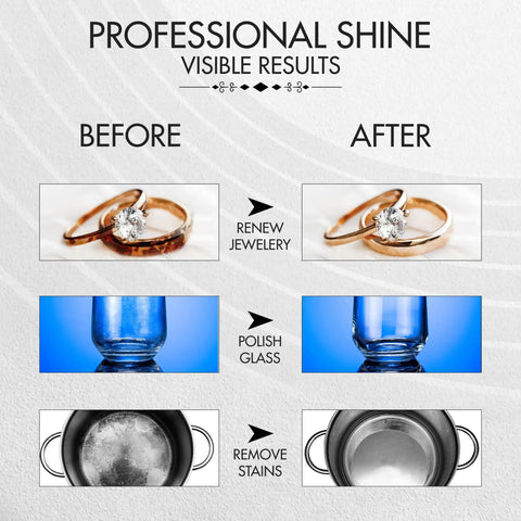 Comparison of jewelry, glass, and pan before and after using Six Piece Polishing And Buffing Compound Kit With 1 Oz Each For Metal Wood And Auto Surfaces Including Black Emery Brown Tripoli White Diamond Red Jewelers Rouge Blue All Purpose And Green Compounds.
