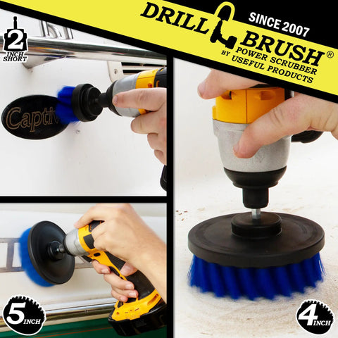 Powerful Drill Brush Hull Cleaner Kit for Fiberglass Boats and Watercrafts in use with 2-inch, 4-inch, and 5-inch brushes.