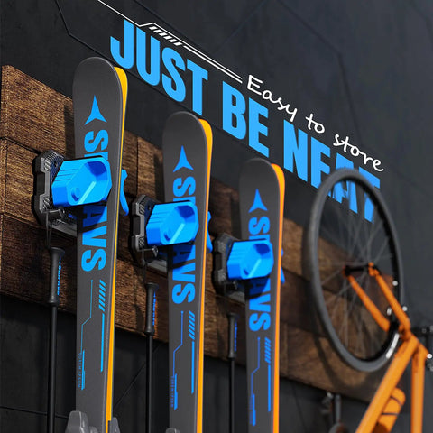 Heavy Duty Wall Mounted Ski And Snowboard Rack For Garage Keeps Gear Crash Proof Featuring Soft Rubber Holders That Lock Boards Rock Solid And Super Sweet Storage Setup Blue 4 Pack with skis and a bike.