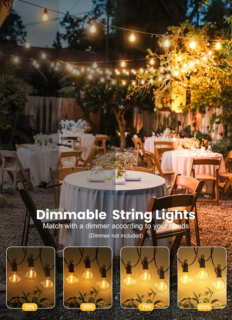 Charming outdoor setting with 100 Ft Outdoor String Lights With 100 Plus 2 G40 LED Bulbs Shatterproof IP65 Waterproof