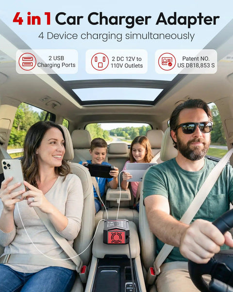 Family using Pure Sine Wave Power Inverter 300W Car Charger Plug In Outlet with USB ports in car