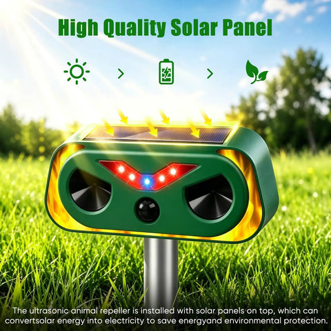 4 Pack Solar Powered Ultrasonic Animal Repeller Outdoor Waterproof Pest Deterrent For Deer Cats Dogs Squirrels Raccoons Rabbits With Motion Sensor And Flashing Light For Yard Garden Lawn Farm, green solar panel