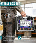 Hardcore 3032 Piece Hex Socket Button Head Bolt And Screw Assortment Kit featuring a portable storage box and labeled compartments.