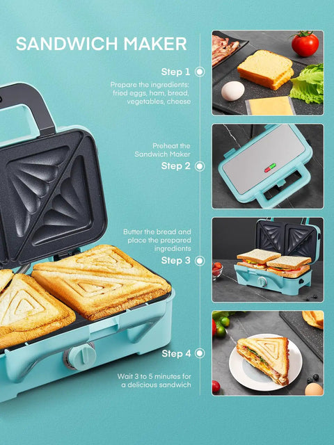 All-In-One Waffle Maker And Panini Press With Removable Plates, 1200W Powerhouse Fast Heating shown making sandwiches in blue