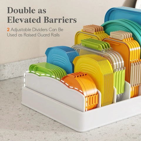 Kitchen Cabinet Lid Organizer With 6 Adjustable Dividers And 7 Sections For Lids Bowls And Containers Space Saving No Fuss Lid Holder For Pantry Fits Small To Large Containers 13 By 10 Inch.