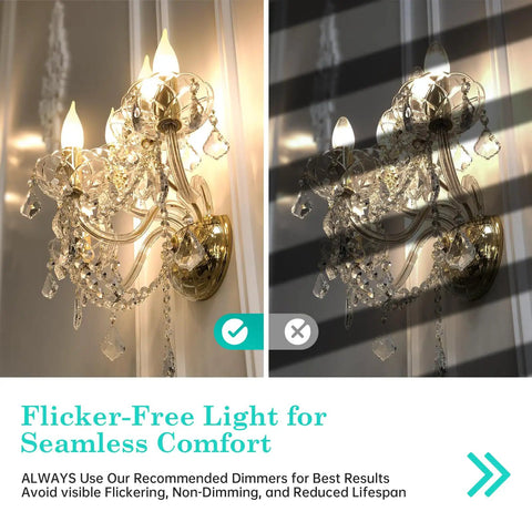E12 Candelabra LED Bulb 2700K Frosted 40W Equivalent Dimmable Candle Light in chandelier with seamless comfort